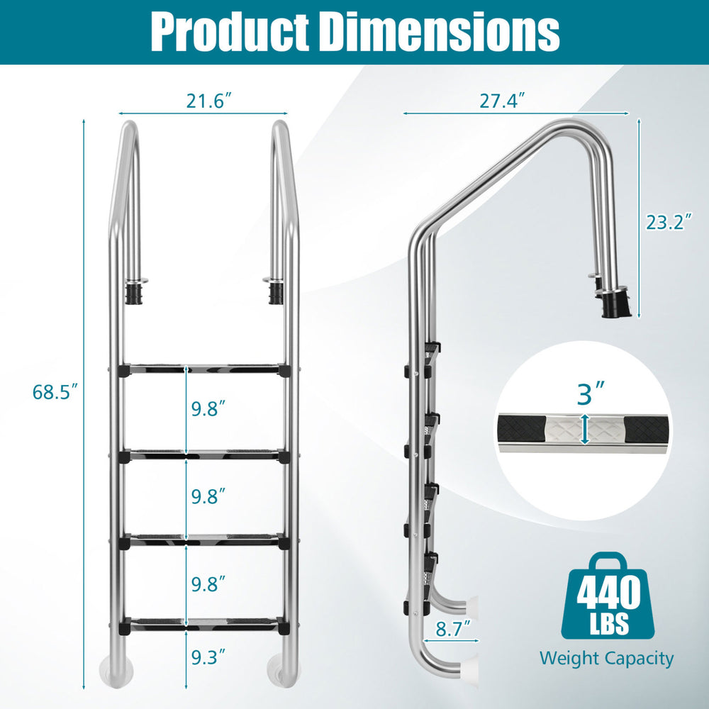 4-step inground pool ladder made of stainless steel with anti-skid steps and curved handrails for safety and stability.