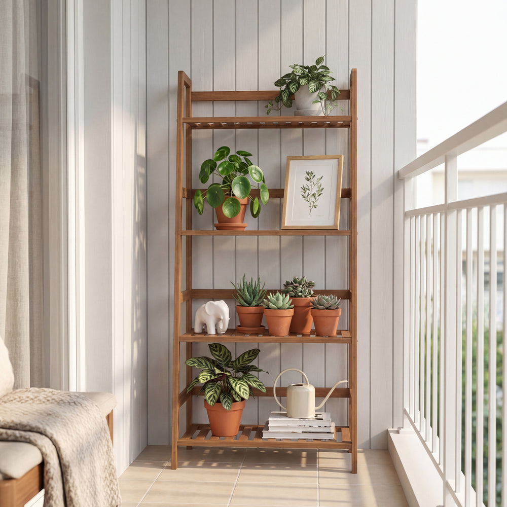 4-Tier Bamboo Plant Rack with Guardrails Stable and Space-Saving-Walnut - Gallery View 1 of 10