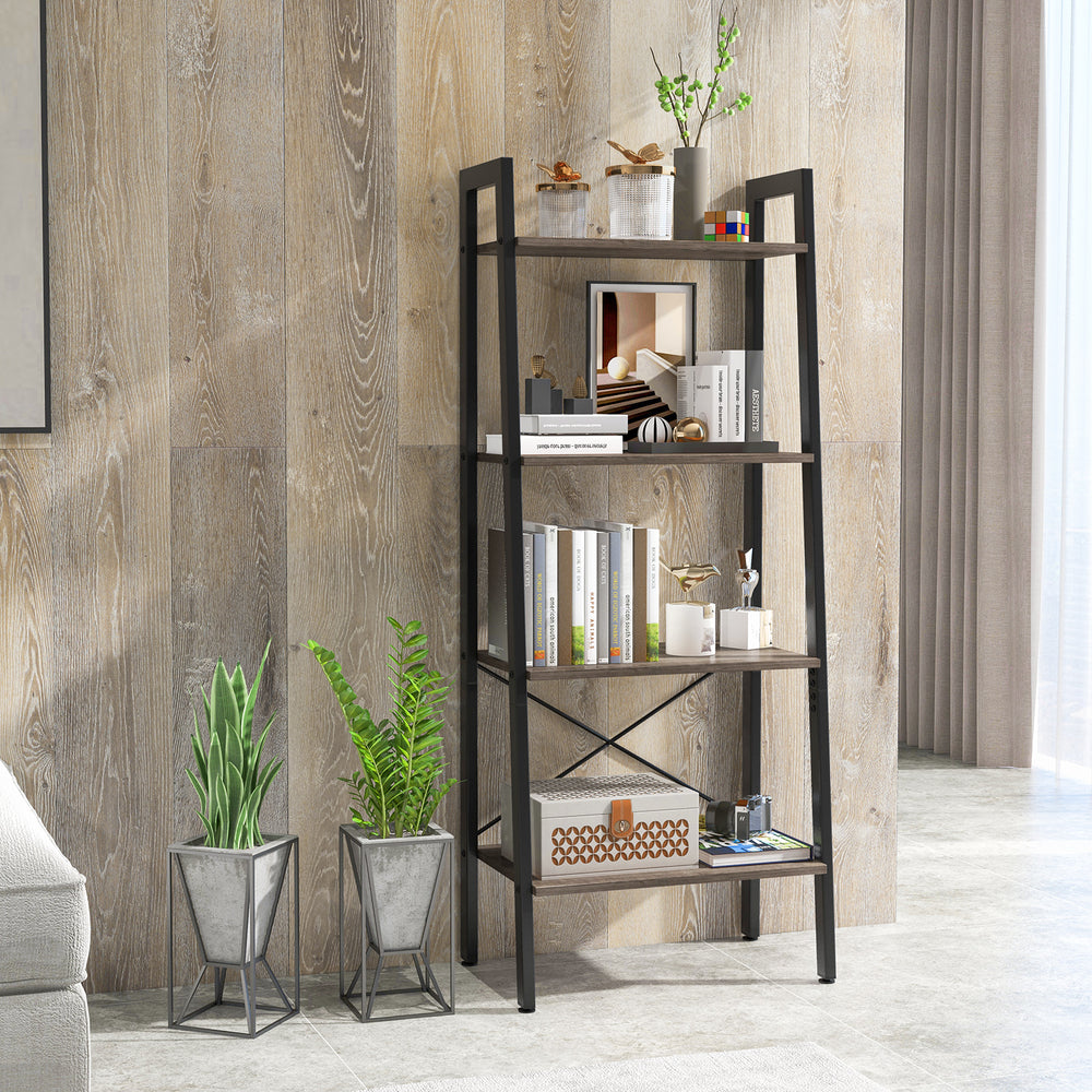4-Tier Bookshelf with Metal Frame and Adjustable Foot Pads-Oak - Gallery View 1 of 9
