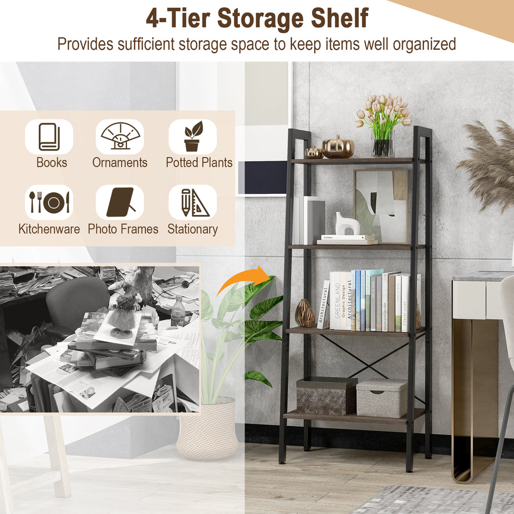 4-tier bookshelf with metal frame in oak finish, ideal for books, plants, and decor, featuring adjustable foot pads for.