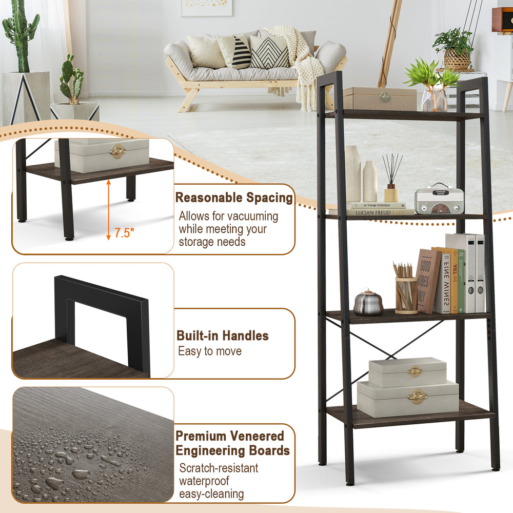 4-tier bookshelf with metal frame in oak finish, featuring adjustable foot pads and built-in handles for versatile.