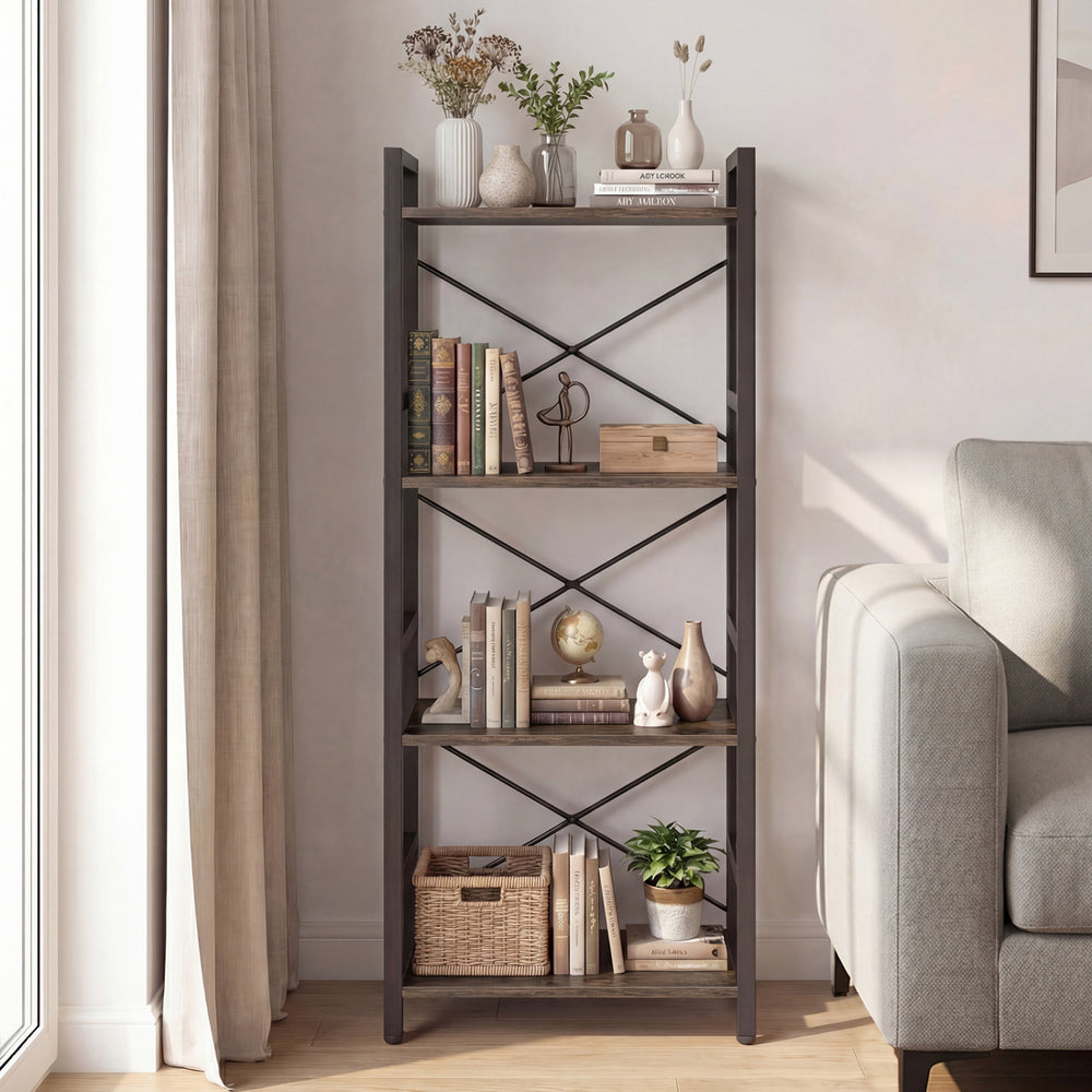 4-tier bookshelf with a slender design and metal frame, featuring X-shaped support and safety side rails for stability.