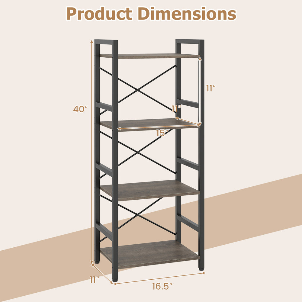 4-tier narrow bookshelf with metal frame, oak shelves, dimensions 40"x16.5"x11", ideal for small spaces and decor.