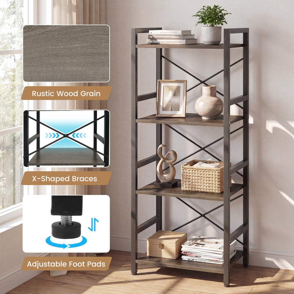 Narrow 4-tier bookshelf with oak finish and metal frame, featuring adjustable foot pads and X-shaped braces for.