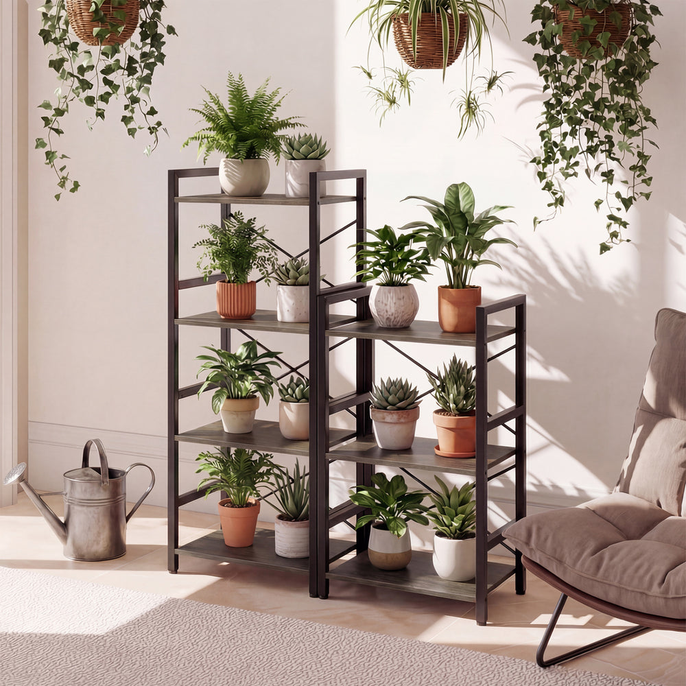 Narrow 4-tier bookshelf with metal frame in oak, showcasing plants and decorative items in a stylish indoor setting.
