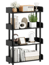 4-tier black bookshelf with anti-tipping kit, ideal for books and decor in living rooms or offices.