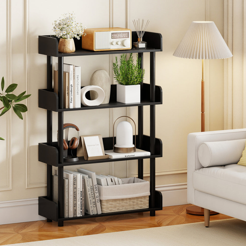 4-tier black bookshelf with elevated legs and anti-falling guardrails, perfect for stylish storage in any room.