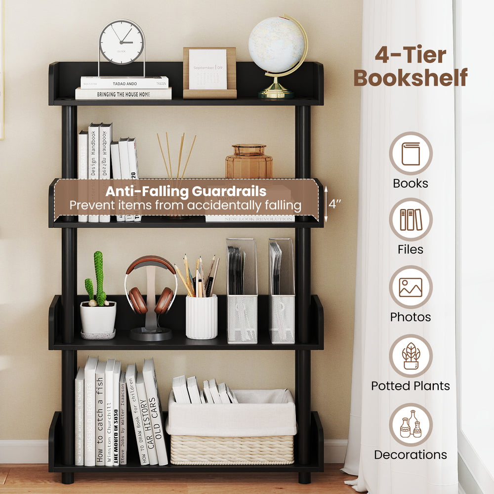 4-tier black bookshelf with anti-tipping kit, ideal for books and decor, featuring guardrails for safety and stability.