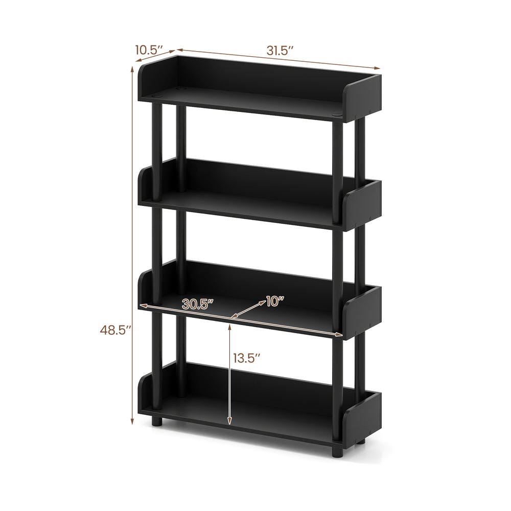 4-tier black bookshelf with anti-tipping kit, ideal for books and decorations, perfect for living rooms and offices.