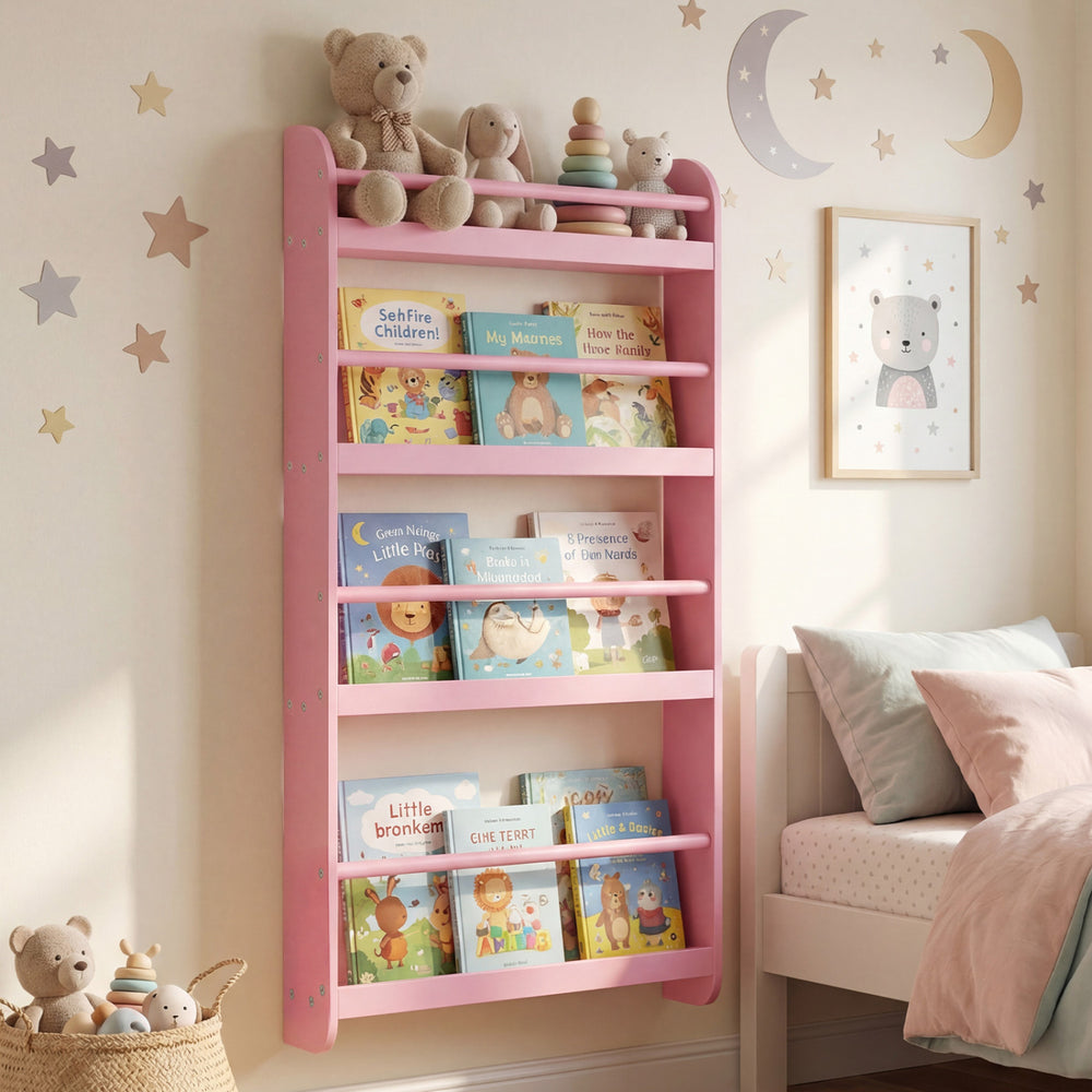 4-Tier Bookshelf Organizer for Toys and Books with Basswood Crossbar-Pink - Gallery View 1 of 9