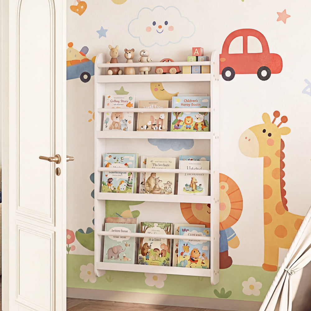 4-tier white bookshelf organizer with basswood crossbar, perfect for storing toys and books in a child's room.