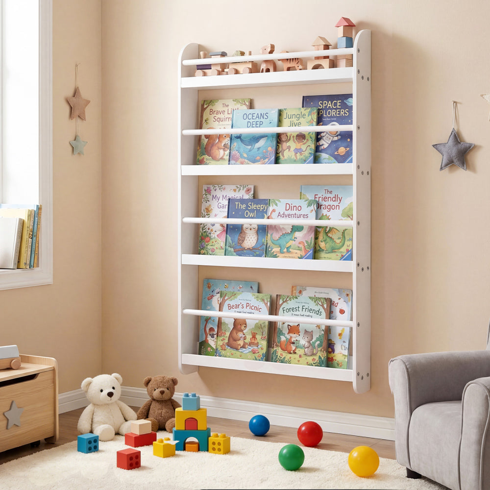 4-tier white bookshelf organizer with basswood crossbar, ideal for storing toys and books in small spaces.