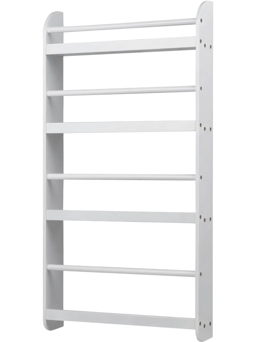 4-tier white bookshelf organizer with basswood crossbar, designed for toys and books, featuring rounded corners and.