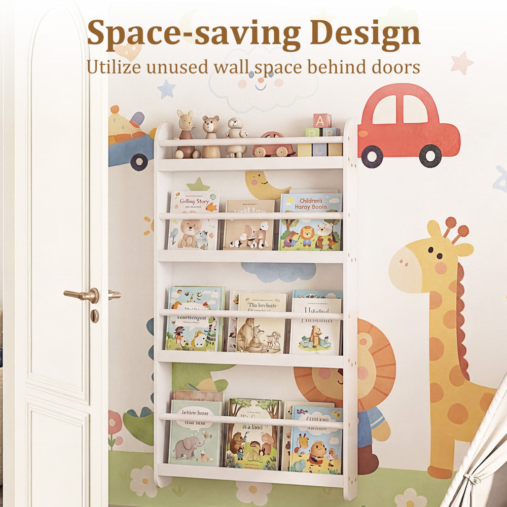 4-tier white bookshelf organizer with basswood crossbar, designed for toys and books, perfect for space-saving behind.