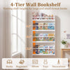 4-tier wall bookshelf in white with varying shelf heights for books and toys, designed for safety and easy placement.
