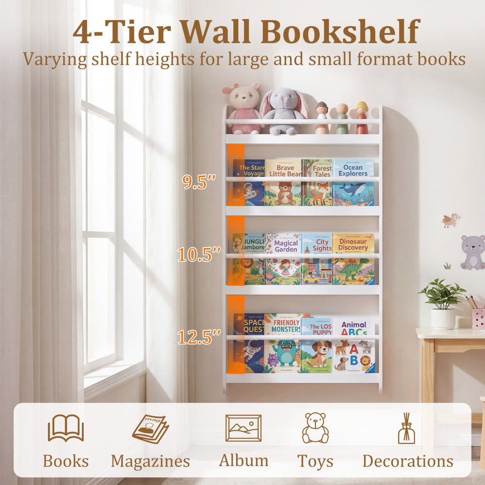 4-tier wall bookshelf in white with varying shelf heights for books and toys, designed for safety and easy placement.