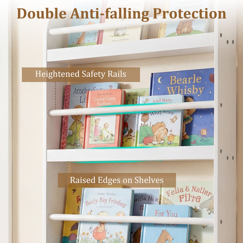 4-tier white bookshelf organizer with safety rails and raised edges, ideal for storing toys and books in any room.