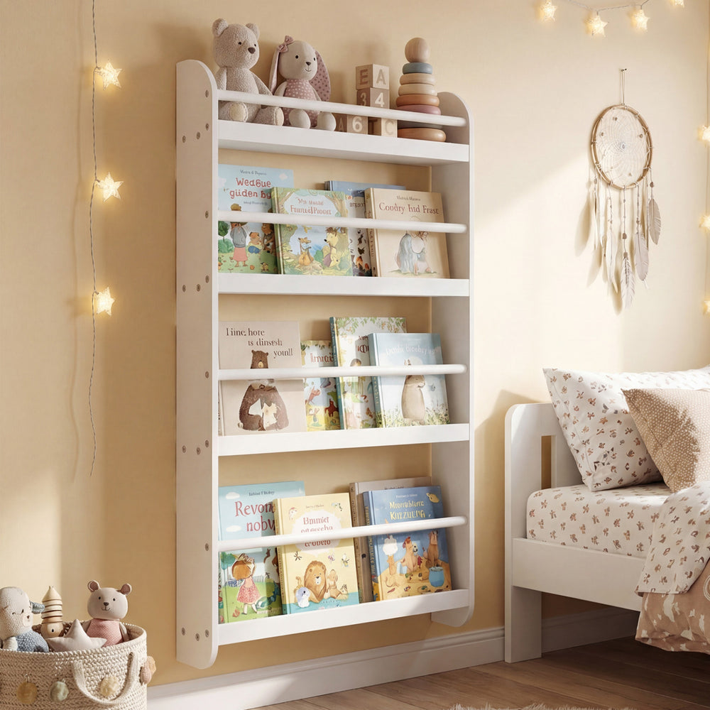 4-tier white bookshelf organizer with basswood crossbar, designed for toys and books, ideal for maximizing vertical.
