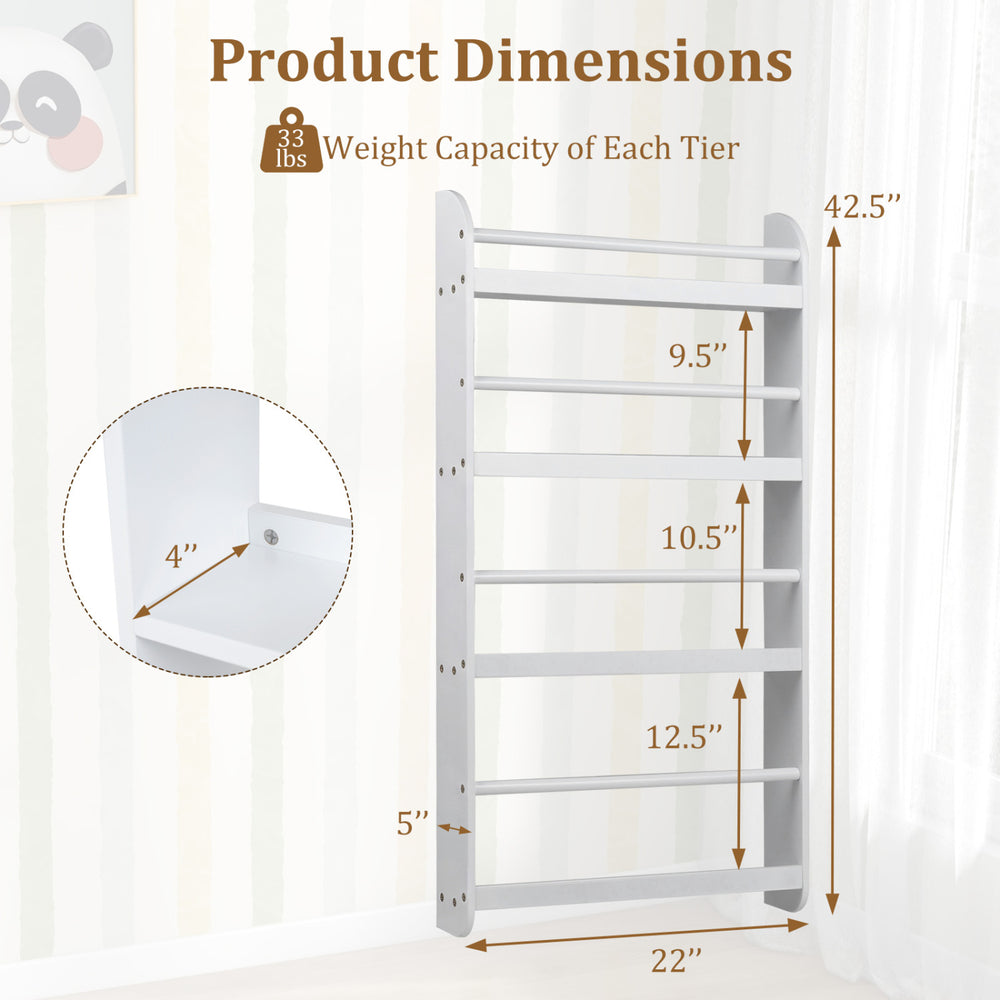 4-tier white bookshelf organizer with dimensions and weight capacity, ideal for toys and books in any room.