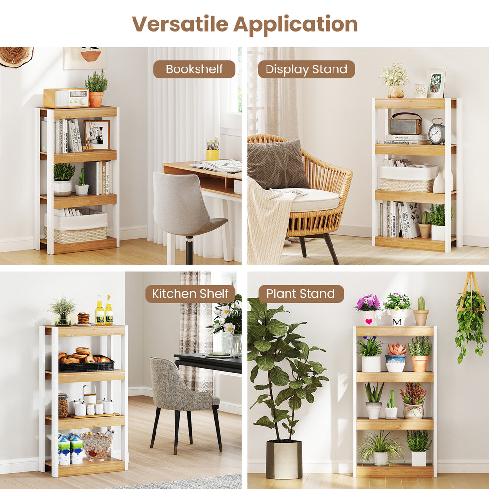 4-tier wooden bookshelf with natural finish, ideal as a display stand or plant stand for versatile home organization.