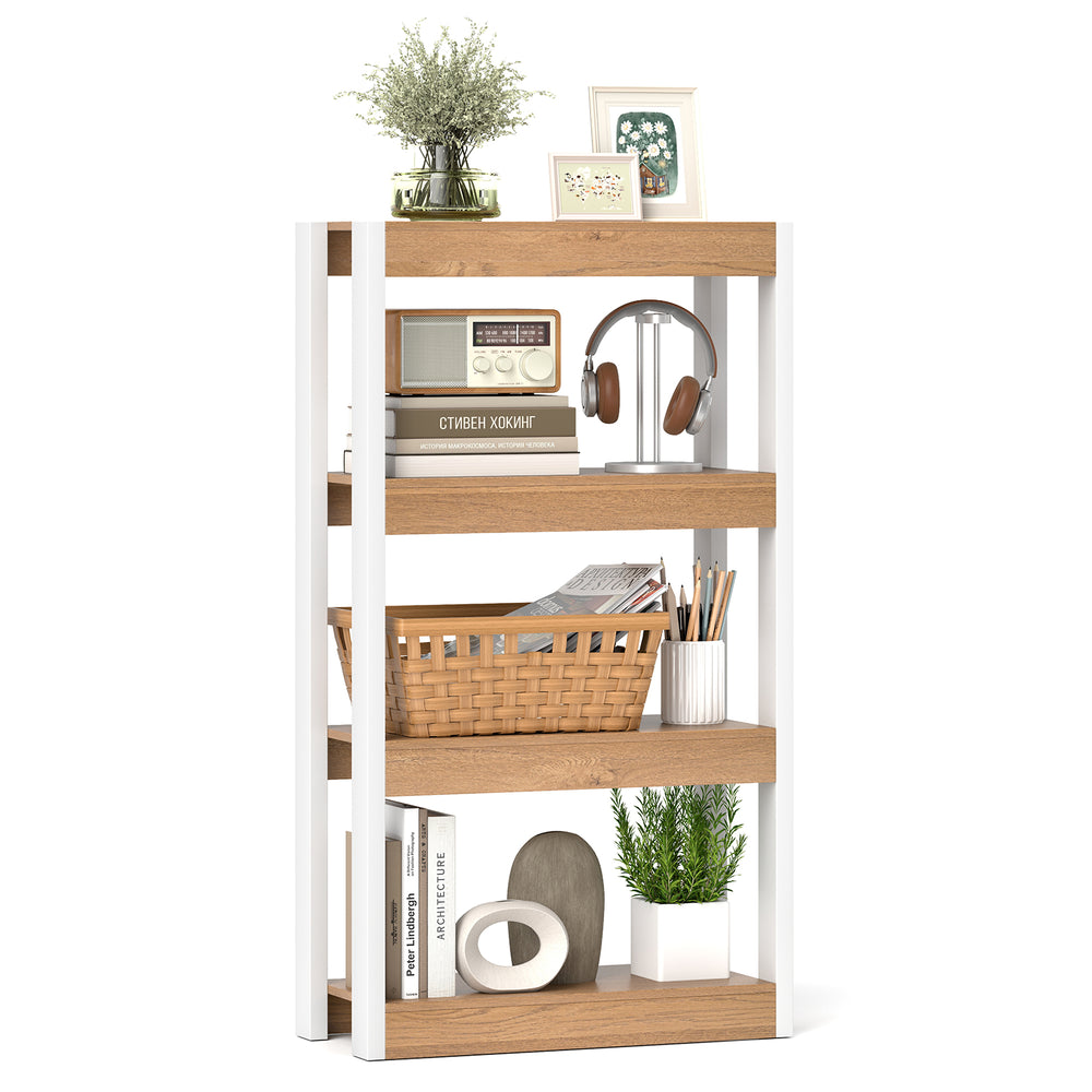 4-tier wooden bookshelf with natural finish, showcasing a blend of decor and storage, perfect for any living space.