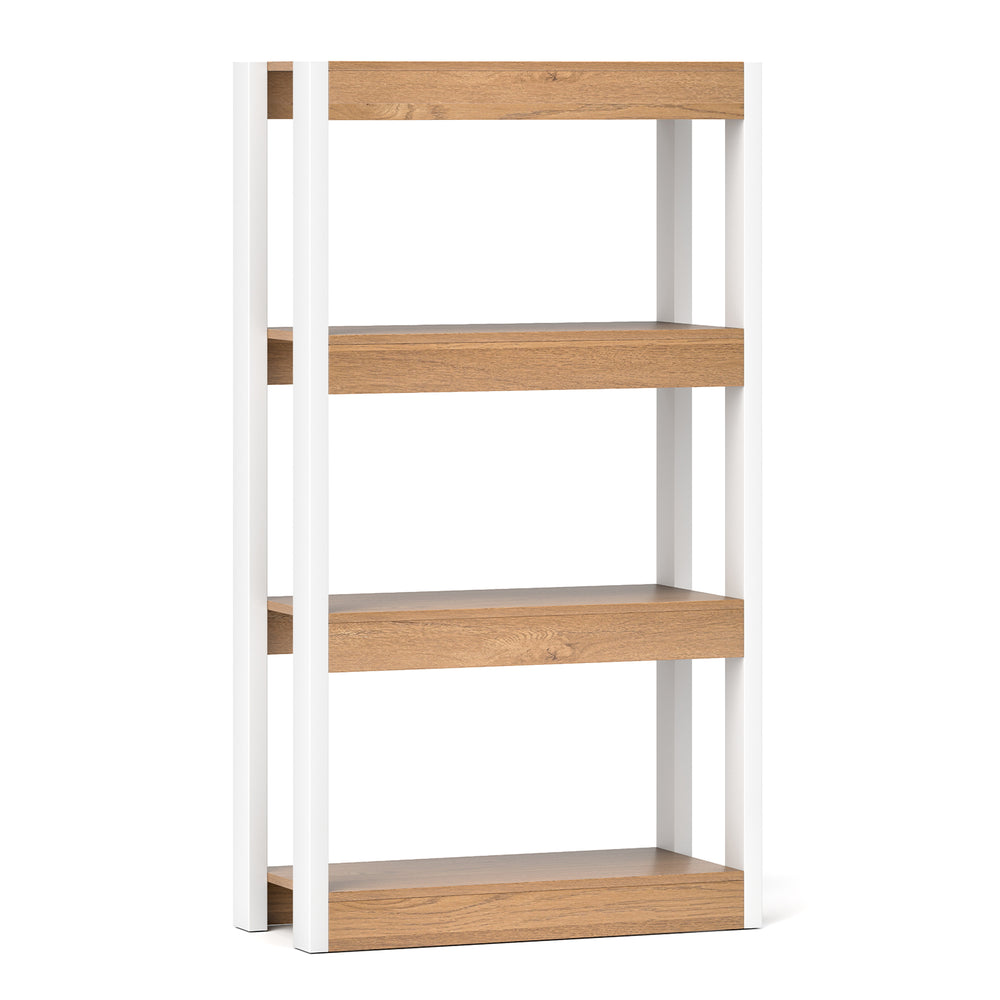 4-tier wooden bookshelf with natural finish and white frame, featuring anti-tipping kits for secure storage in any room.
