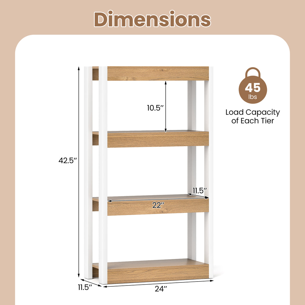 4-tier wooden bookshelf with natural finish, featuring dimensions of 42.5" height and 22" width, ideal for versatile.