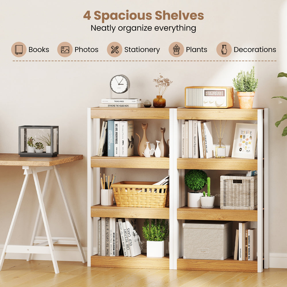 4-tier wooden bookshelf with natural finish, featuring spacious shelves for books and decor, ideal for living rooms and.