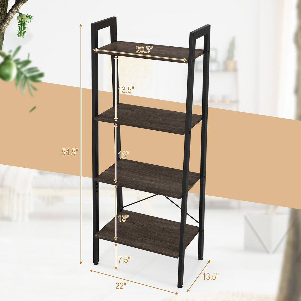 4-tier bookshelf with oak finish and metal frame, featuring adjustable foot pads for stability and versatile use.