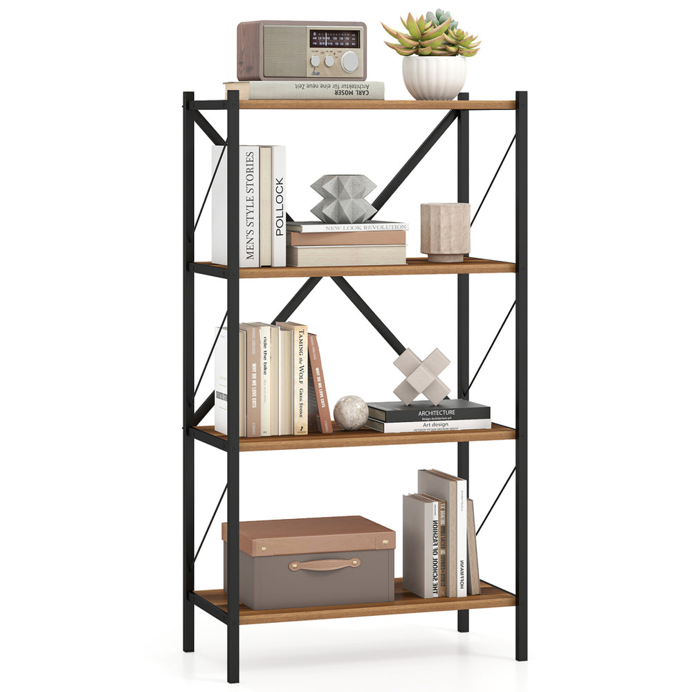 4-tier walnut bookshelf with heavy-duty metal frame, X-braced for stability, ideal for living room or home office.