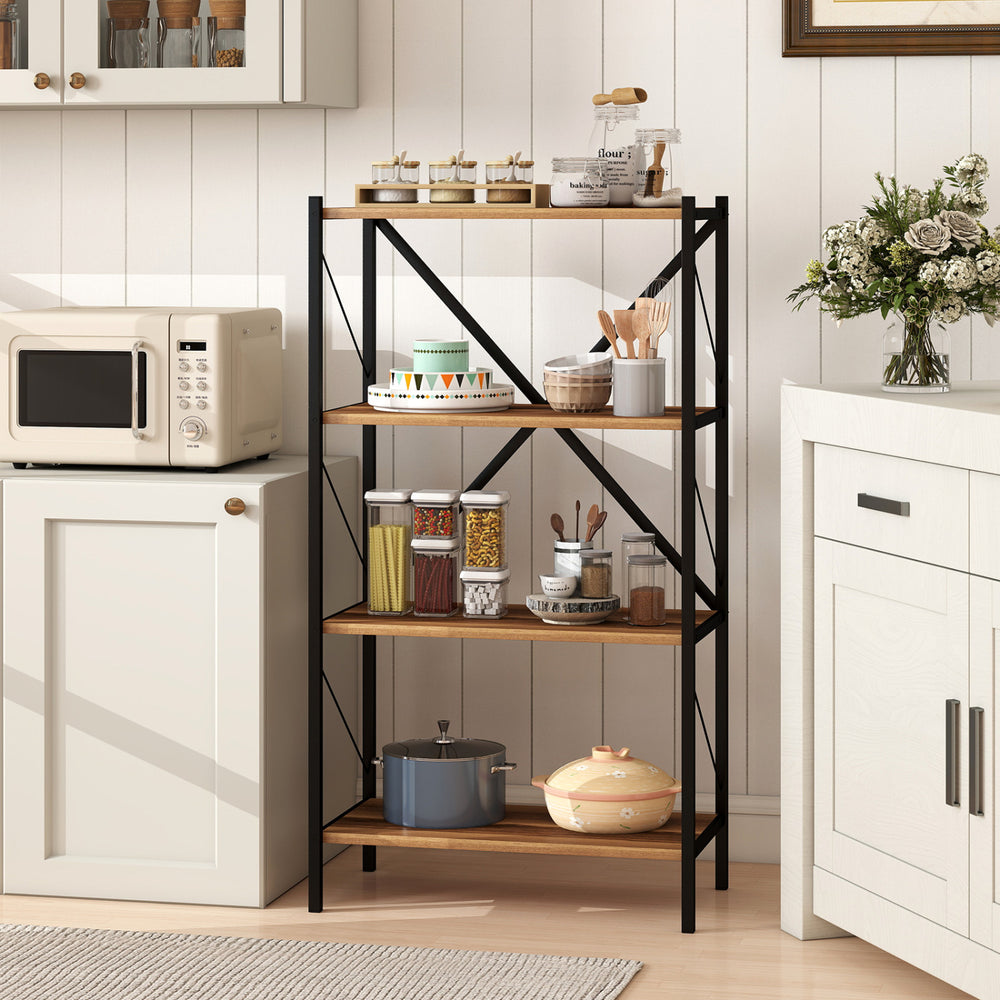 4-tier bookshelf with heavy-duty metal frame in walnut, ideal for storage and organization in living room or kitchen.