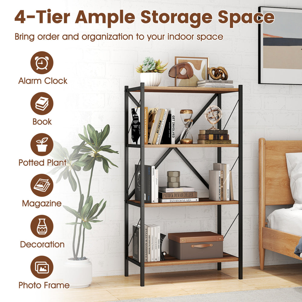 4-tier walnut bookshelf with heavy-duty metal frame, featuring ample storage for books and decor in a stylish design.
