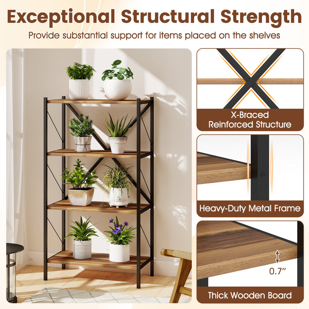 4-tier walnut bookshelf with heavy-duty metal frame and X-braced structure for stability, ideal for home organization.