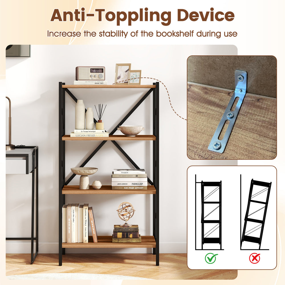 4-tier walnut bookshelf with heavy-duty metal frame and anti-toppling device for enhanced stability in any indoor space.