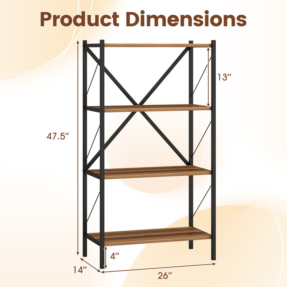 4-tier bookshelf dimensions with heavy-duty metal frame and walnut shelves, ideal for living room or home office.