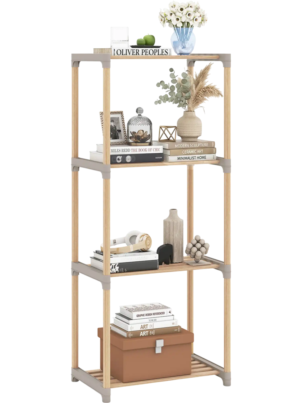 4-tier bookshelf with open shelves in solid pine wood, ideal for home office or bathroom storage and decoration.