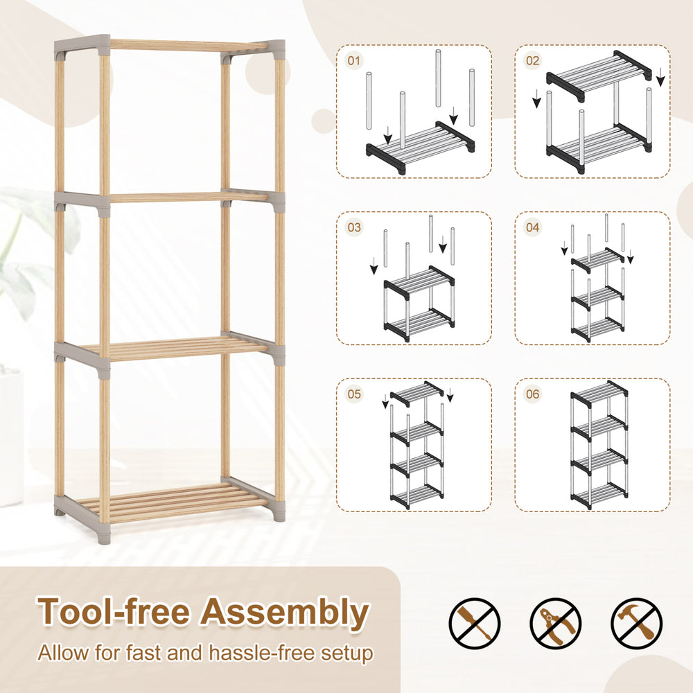 4-tier bookshelf with open shelves made of solid pine wood, perfect for home office and bathroom storage.