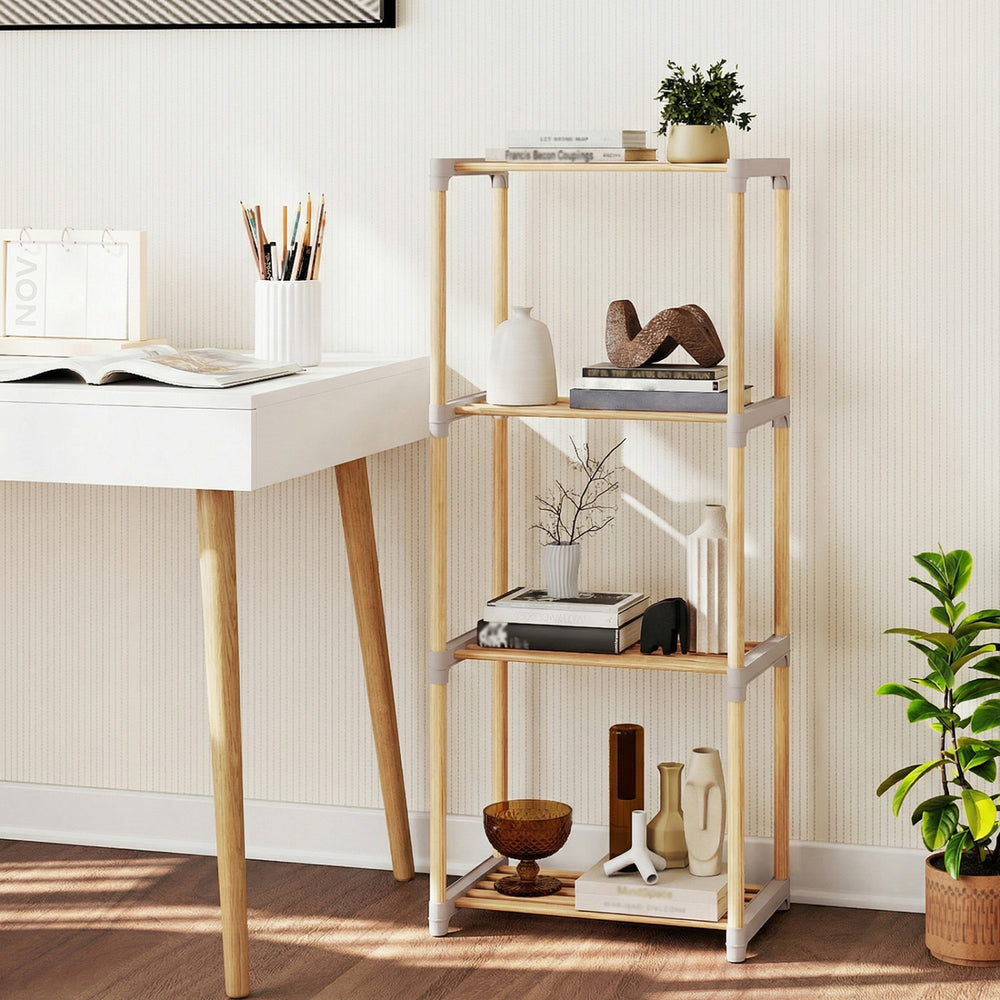 4-tier bookshelf with open shelves made of solid pine wood, perfect for home office or bathroom storage and decor.