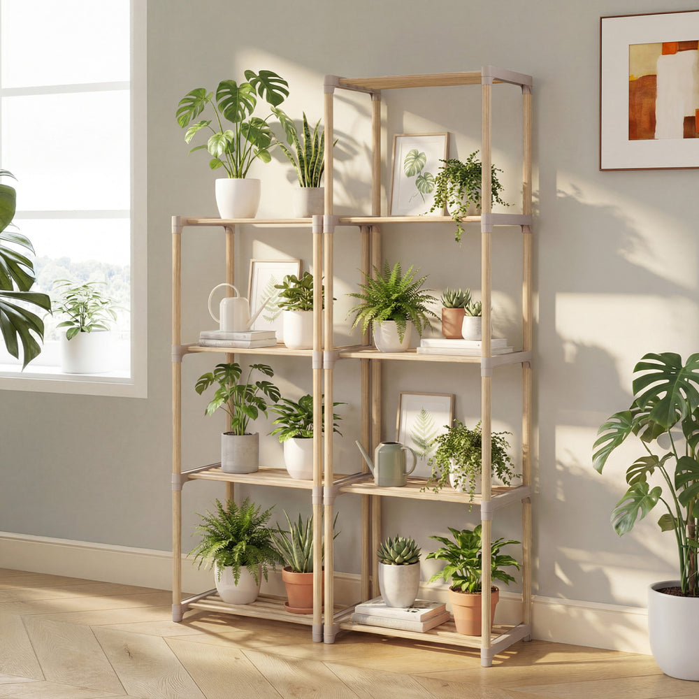 4-tier bookshelf made of solid pine wood, featuring open shelves for plants and decor, ideal for home office or.