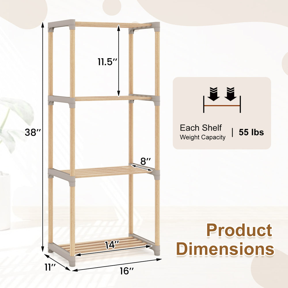 4-tier bookshelf with open shelves, solid pine wood, 11" x 16" footprint, ideal for home office and bathroom storage.