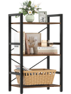 4-tier bookshelf with a metal frame and rustic brown wooden storage racks, ideal for books and decor in small spaces.