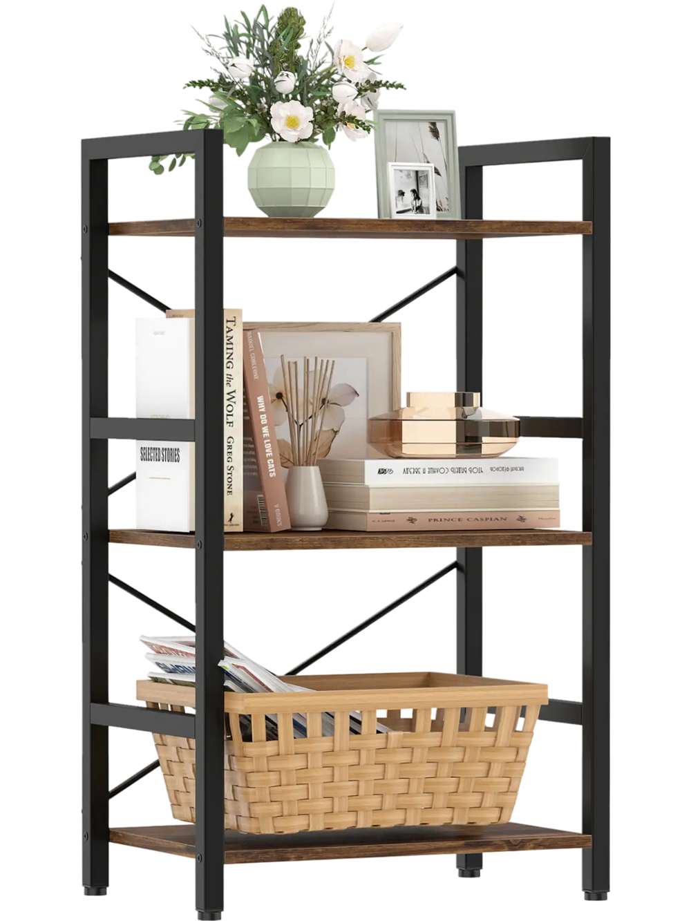 4-tier bookshelf with a metal frame and rustic brown wooden storage racks, ideal for books and decor in small spaces.