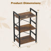 4-tier bookshelf with a metal frame and rustic brown wooden shelves, measuring 28" high, ideal for small spaces.