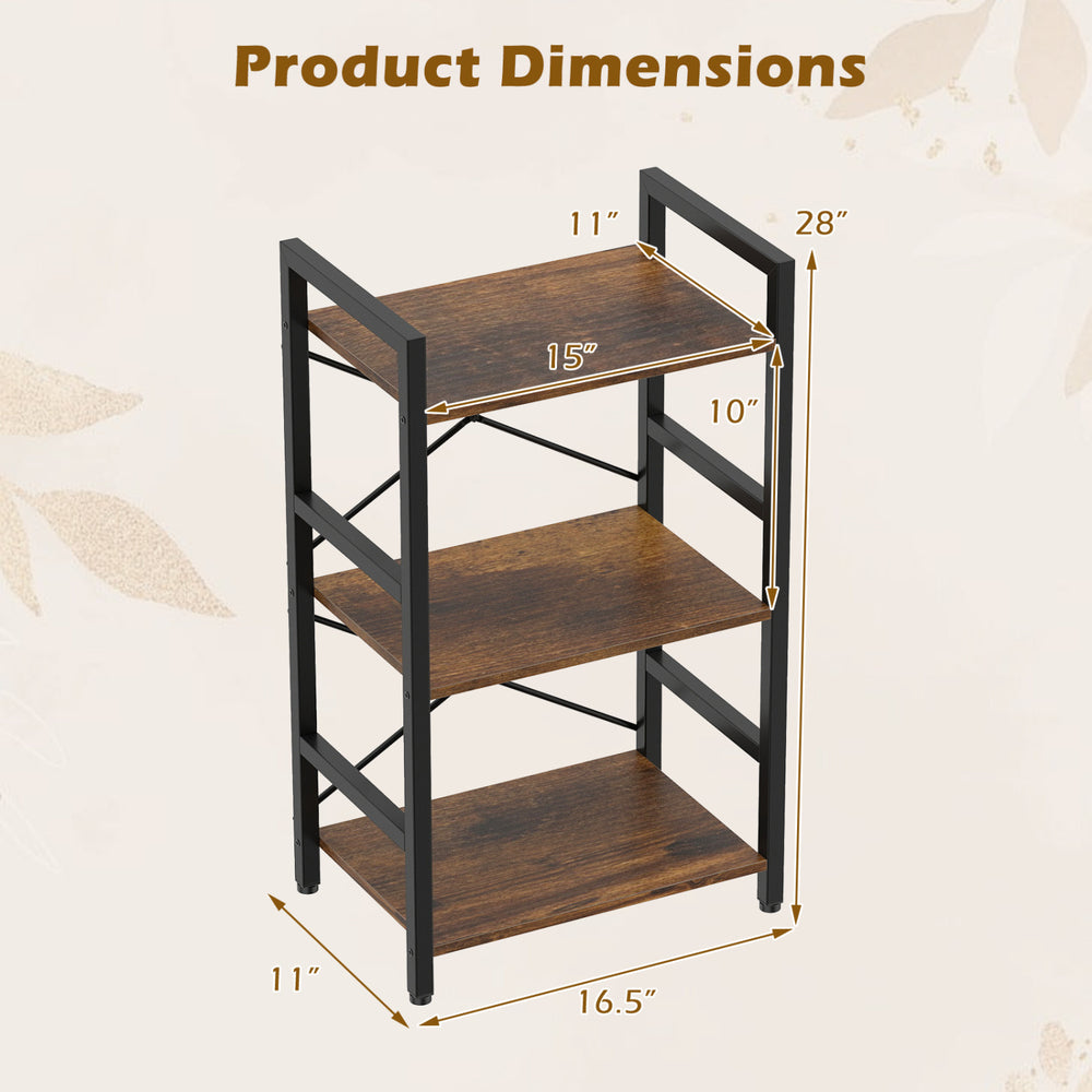 4-tier bookshelf with a metal frame and rustic brown wooden shelves, measuring 28" high, ideal for small spaces.