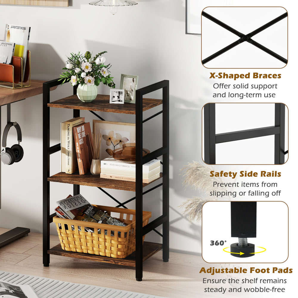 4-tier bookshelf with a rustic brown finish, featuring a metal frame, X-shaped braces, and adjustable foot pads for.