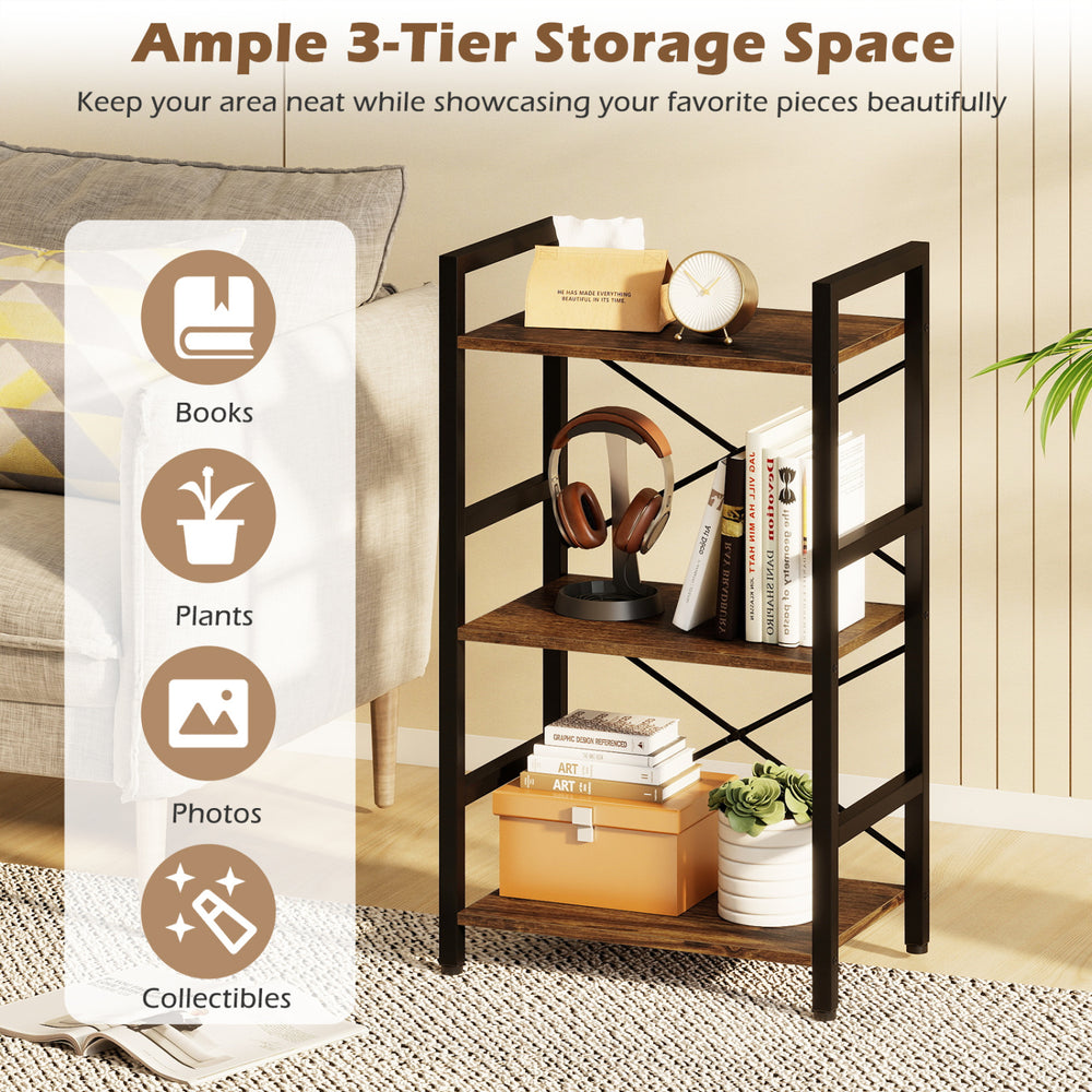 4-tier bookshelf in rustic brown with metal frame, ideal for books and decor in small spaces.