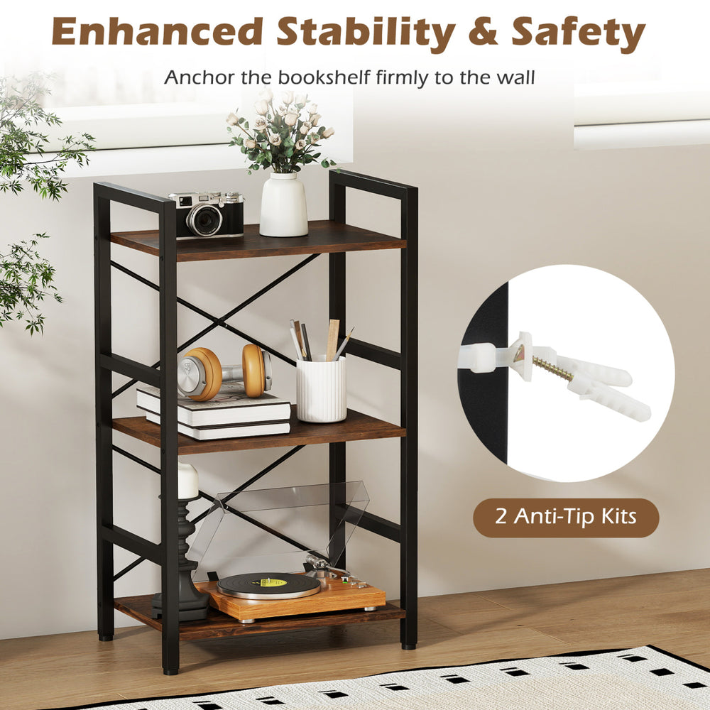 4-tier bookshelf with a metal frame and rustic brown wooden shelves, featuring anti-tip kits for enhanced stability and.