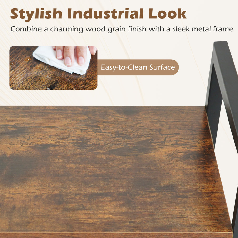 Rustic brown wooden surface of the 4-tier bookshelf with a metal frame, featuring an easy-to-clean finish for versatile.