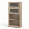 4-tier bookshelf in natural wood with storage cabinets and open compartments, ideal for living room or study.
