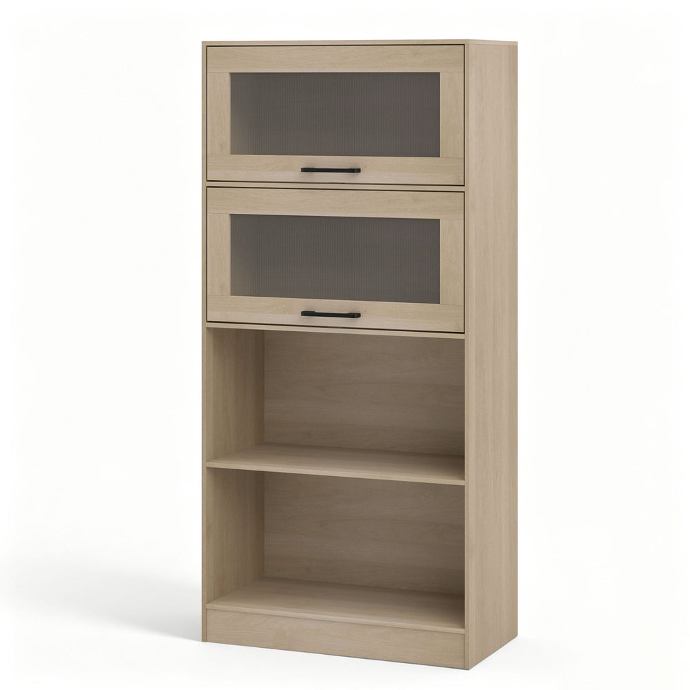 4-tier bookshelf in natural wood with storage cabinets and open compartments, ideal for living room or study.